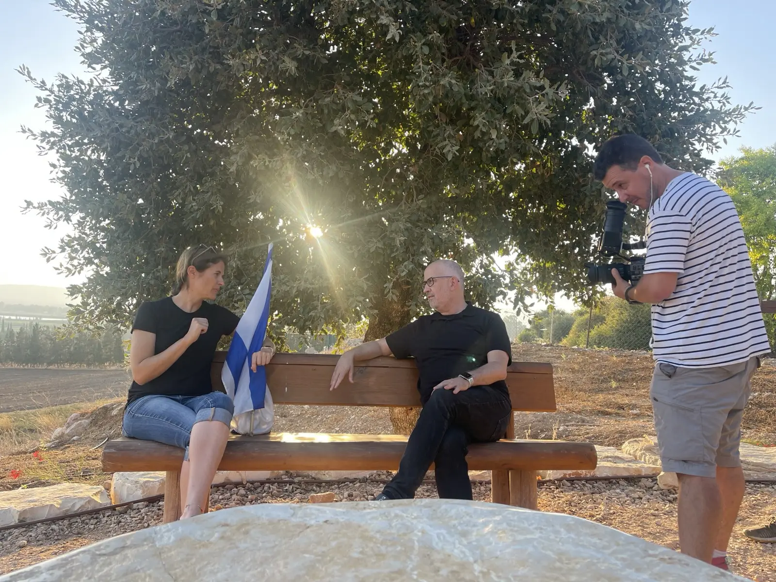 Filming interview at golden hour